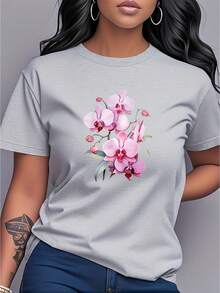 T-Shirt With A Pink Orchid Print, Short Sleeves, And A Round Neck. Women's Clothing, Fresh And Elegant Style, Versatile And Casual, Suitable For Everyday Wear, Parties, Dates, And As A Birthday Gift. MG3E - 淺灰色 - 查看 7