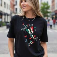 Camiseta de algodón para mujer, tallas grandes S-5XL, con estampado de mariposa y bandera mexicana, manga corta, corte holgado informal, top de verano, camiseta gráfica del Día de la Independencia de México, camiseta básica transpirable para uso diario. - Negro - Ver 6