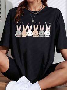 ModernCute Oversized T-Shirt With White Rabbit Print, Cartoon Rabbit Design For Casual And Everyday Wear, Casual Clothing - 黑色 - 查看 6