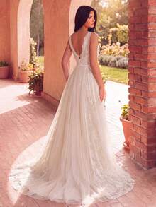 Faeriesty Elegant White Contrast Mesh Lace A-Line V-Neck Sheer Back Sleeveless Chiffon Formal Evening Gown, Suitable For Wedding Ceremony, Bridal Party, Formal Dinner Spring - White - View 2