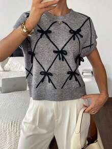 Parte superior de punto sin mangas con patrón de lazo y color contrastante gris, para uso casual en otoño/invierno, uso diario durante las cuatro estaciones, nuevos llegados de otoño para mujeres, maestras y salidas, tops de jersey para mujeres - Gris - Ver 7