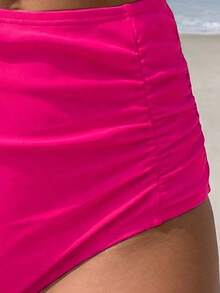 Braguita de bikini de unicolor con cintura alta y control de abdomen con plisado para mujeres - Blanco - Ver 4