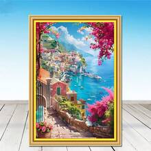一套DIY钻石画艺术套装 - 海滨小镇风景图案，圆形钻石马赛克艺术品，适合初学者，家居墙面装饰，独特礼物，不含画框 - 無框 - 查看 12
