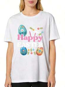 Women's Elegant Short-Sleeved T-Shirt With A Happy Easter Bunny Print, Eggs, Flowers, And A Spring Design. Comfortable, Round Neck, Summer 2026, Short-Sleeved, Printed, Vintage Style, Round Neck, Slightly Stretchy Fabric, Regular Fit, Perfect For Adults. - 白色的 - 查看 7