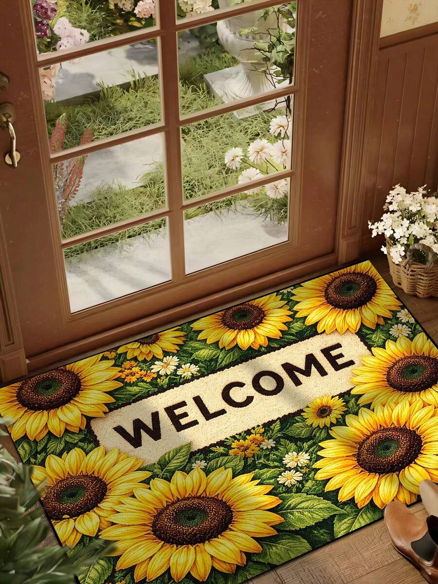 1件向日葵花田「Welcome」圖案門墊,季節性農舍風可水洗聚酯纖維墊,適用於客廳、廚房、臥室、玄關,家居裝飾、房間裝飾,四季通用 - 1PC - 查看 1