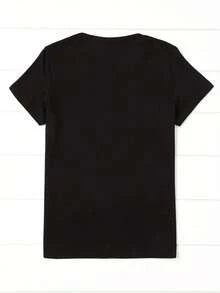 Camiseta de mujer con estampado gráfico de sol, cuello redondo ajustado, camiseta de manga corta a la moda para mujer. - Negro - Ver 2