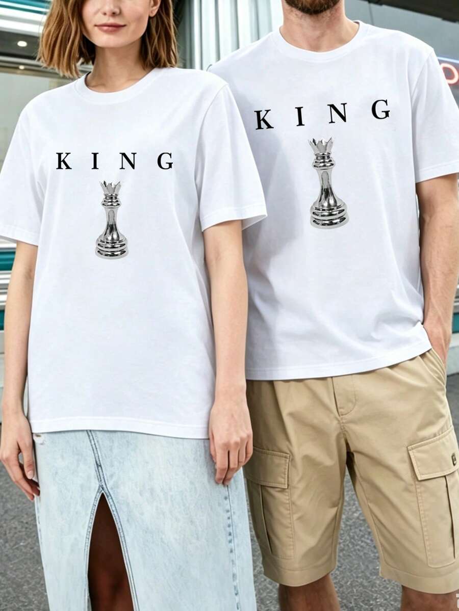 Men's Casual Chess & Letter Print Round Neck Short Sleeve T-Shirt - White - View 1
