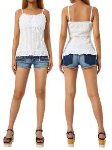 Women Slim-Fit Ruffle Camisole, Adults Sleeveless Solid Color Boat Neck Spaghetti Strap Pullover With Bow - 白色 - 查看 5