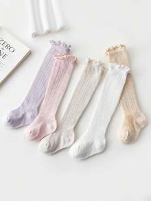 2/5 Pairs Baby Socks, Solid Color Ruffle Trim Over-The-Knee Socks, Lightweight Breathable Summer, Suitable For 0-5 Years Old Daily Wear, Random Color 2 Pairs - Multicolor - View 2