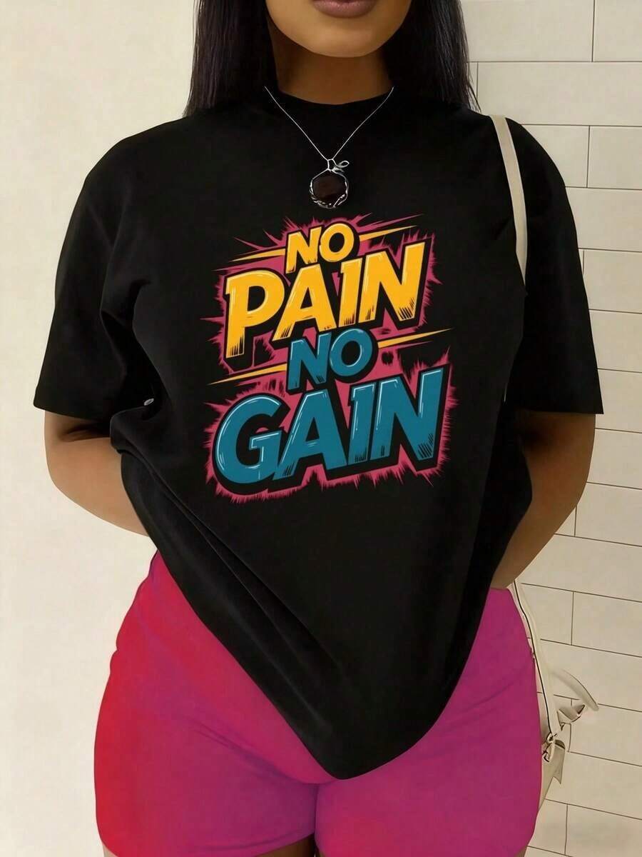 Camiseta Y2K No Pain No Gain Diseño Colorido y Moderno Moda Urbana Unica para Mujer Ideal para el Estilo de Vida Activo y Joven Perfecta para Complementar tu Look Diario y Destacar tu Personalidad Disponible en Talla Única - Negro - Ver 1