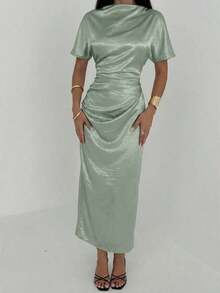 Vestido largo elegante de unicolor con cintura fruncida y plisado, adecuado para fiestas y salidas - Rosa - Ver 5