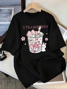 Camiseta casual de manga corta y cuello redondo, estampada con un diseño de bebidas, una camiseta versátil adecuada para usar en primavera, verano y otoño. - Negro - Ver 6