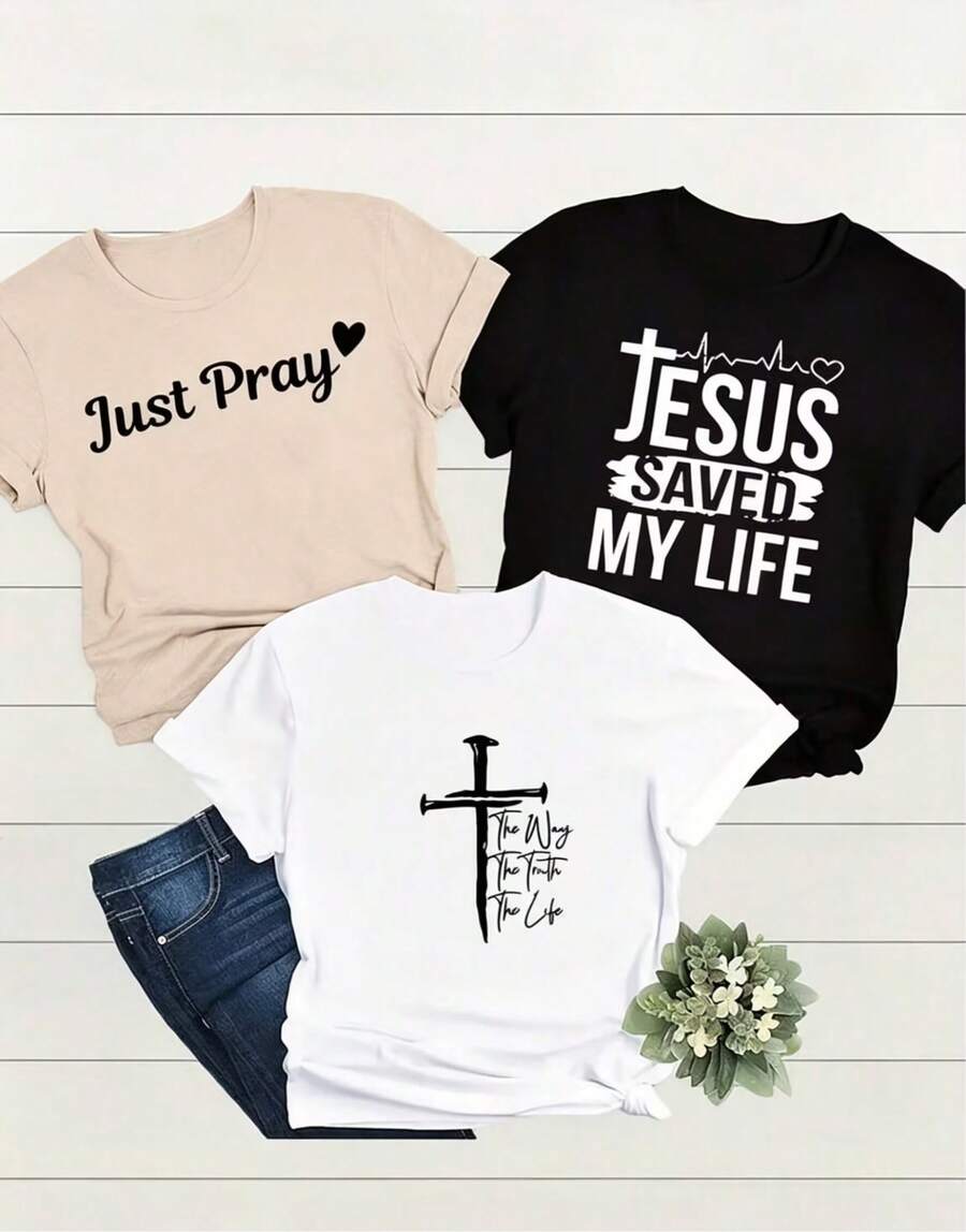 3-Piece Summer Set, Streetwear Combination, Oversized Round Neck Top For Daily Outings, Camping, Concerts, Hip-Hop, Rock, And Rap Events, Casual Regular Short Sleeve In Black And White, Modern And Stylish, Women's Round Neck T-Shirt, Casual And Comfortable, Spring/Summer Clothing For Women. - 黑色 - 查看 1