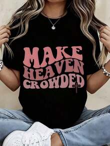 Camiseta de Moda para Mujer con Estampado de Cruz 'Make Heaven Crowded', Corte Holgado Casual para Uso Diario, Ropa de Iglesia y Eventos Religiososblusa casual mujer - Negro - Ver 1