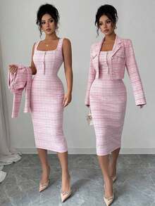 Conjunto de tweed de 2 piezas: Elegante chaqueta blazer de espiga + Vestido ajustado ajustado sin mangas, Conjunto elegante y femenino para primavera/otoño - Rosa Fucsia - Ver 6