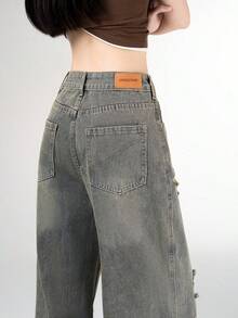 High-Waisted, Loose-Fitting, Retro-Style Trousers With An Original Design For Women; Straight-Leg Jeans With Rips, Ideal For Shorter Women; Suitable For Any Time Of Year - Dusty Blue - View 4