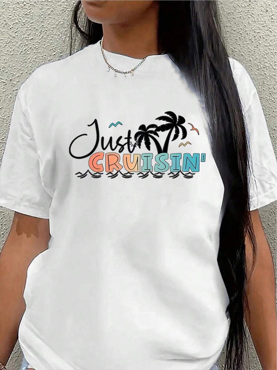 Short-Sleeved T-Shirt With Palm Print, Casual Holiday Shirt, Unisex, Lightweight And Comfortable, Suitable For Beach Vacation, Casual Blouse For Women. - 白色 - 查看 1
