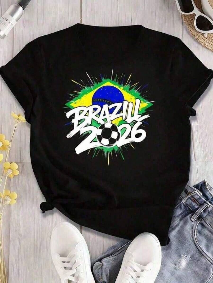 2026 Camiseta casual unisex nueva y popular con gráfico de la bandera de Brasil Camiseta unisex de la Copa Mundial 2026 para fanáticos del fútbol Camiseta de manga corta con cuello redondo y estampado divertido Adecuado para: eventos deportivos/fiestas de vacaciones/salidas/regalos deportivos y de otras vacaciones - Negro - Ver 1
