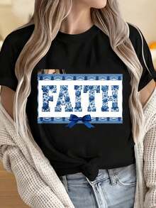 Camisetas para Mujer y Hombre con Cuello Redondo y Mangas Cortas, Camiseta con Estampado Floral Faith y Diseño de Lazo Azul para Mujer, Ropa Casual. Estampados Divertidos Ideales para Fiestas de Navidad, Actividades Deportivas, Fiestas de Vacaciones, Salidas, Deportes y Otros Regalos Festivos. - Negro - Ver 4