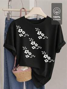 Camiseta Oversize de Manga Corta con Estampado Floral EDICIÓN BLANCO Y NEGRO |   100% Algodón - Negro - Ver 3