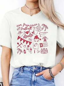 Women's T-Shirt 100% Cotton With Rugby Team Print, Casual Spring/Summer T-Shirt, Short Sleeve Sports T-Shirt With Round Neck, Women's Top, Lightweight, Breathable, Summer Hit. - 白色的 - 查看 6
