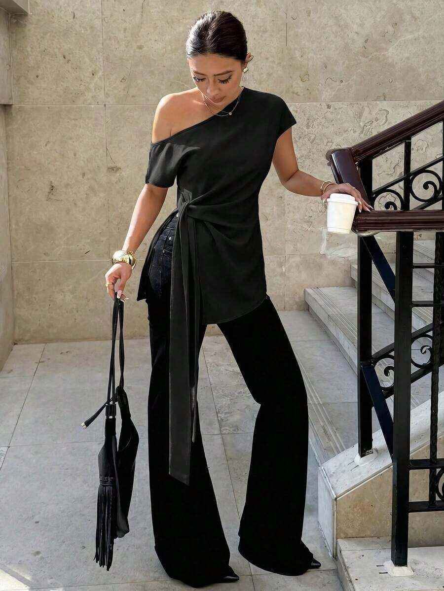 Blusa de lino elegante y única con mangas tipo murciélago para mujeres, blusa de verano, elegante blusa de mezcla de lino con detalles de lazo lateral y diseño ajustado, blusa social, blusa para ir al trabajo, blusas elegantes, vacaciones, fies - Negro - Ver 1