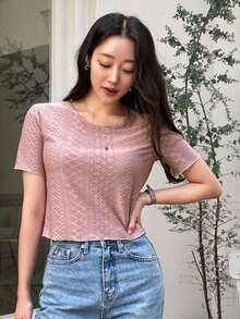 Camiseta de cuello redondo sólido con bordado de ojales, estilo preppy - Rosa vieja - Ver 6