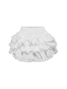 Kawaii Falda pantalón con volantes de color contrastante para mujer - Blanco - Ver 1