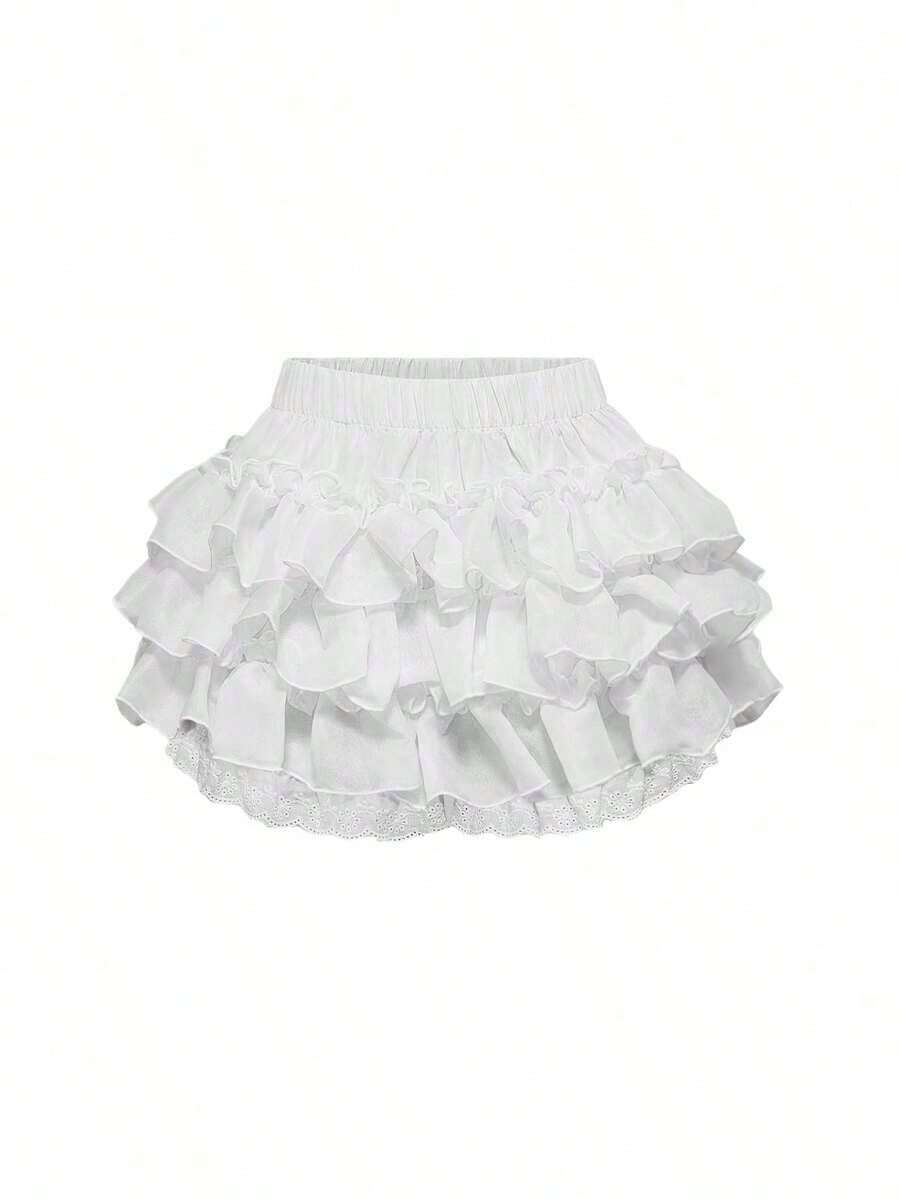 Kawaii Falda pantalón con volantes de color contrastante para mujer - Blanco - Ver 1