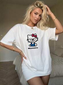 SANRIO 2026 三丽鸥 Hello Kitty 经典图案印花T恤，宽松女式睡衣，家居服，Y2K睡衣 - 白色 - 查看 5