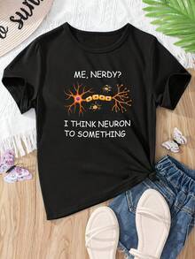 Camiseta de mujer con estampado de letras estilo nerd, camiseta casual holgada de manga corta para el verano. - Negro - Ver 1