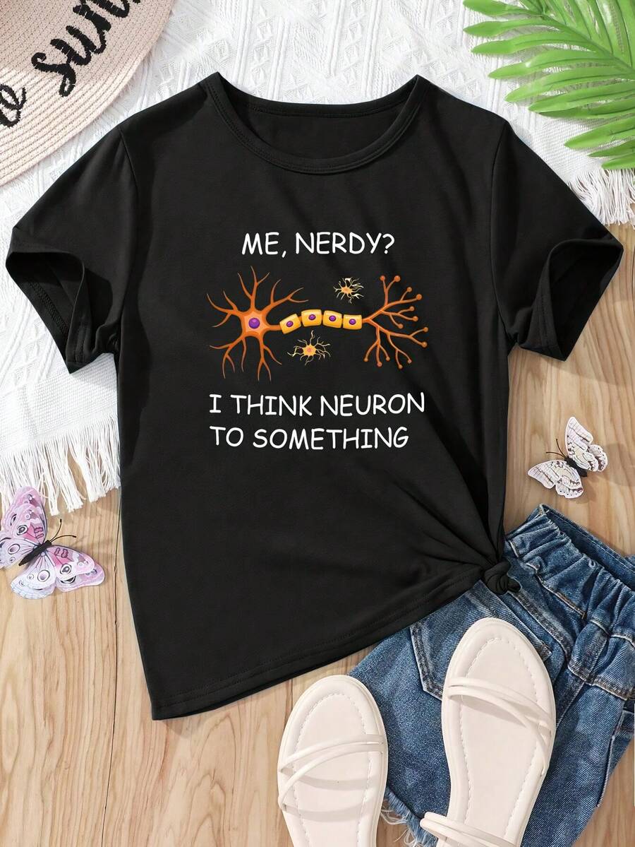 Camiseta de mujer con estampado de letras estilo nerd, camiseta casual holgada de manga corta para el verano. - Negro - Ver 1