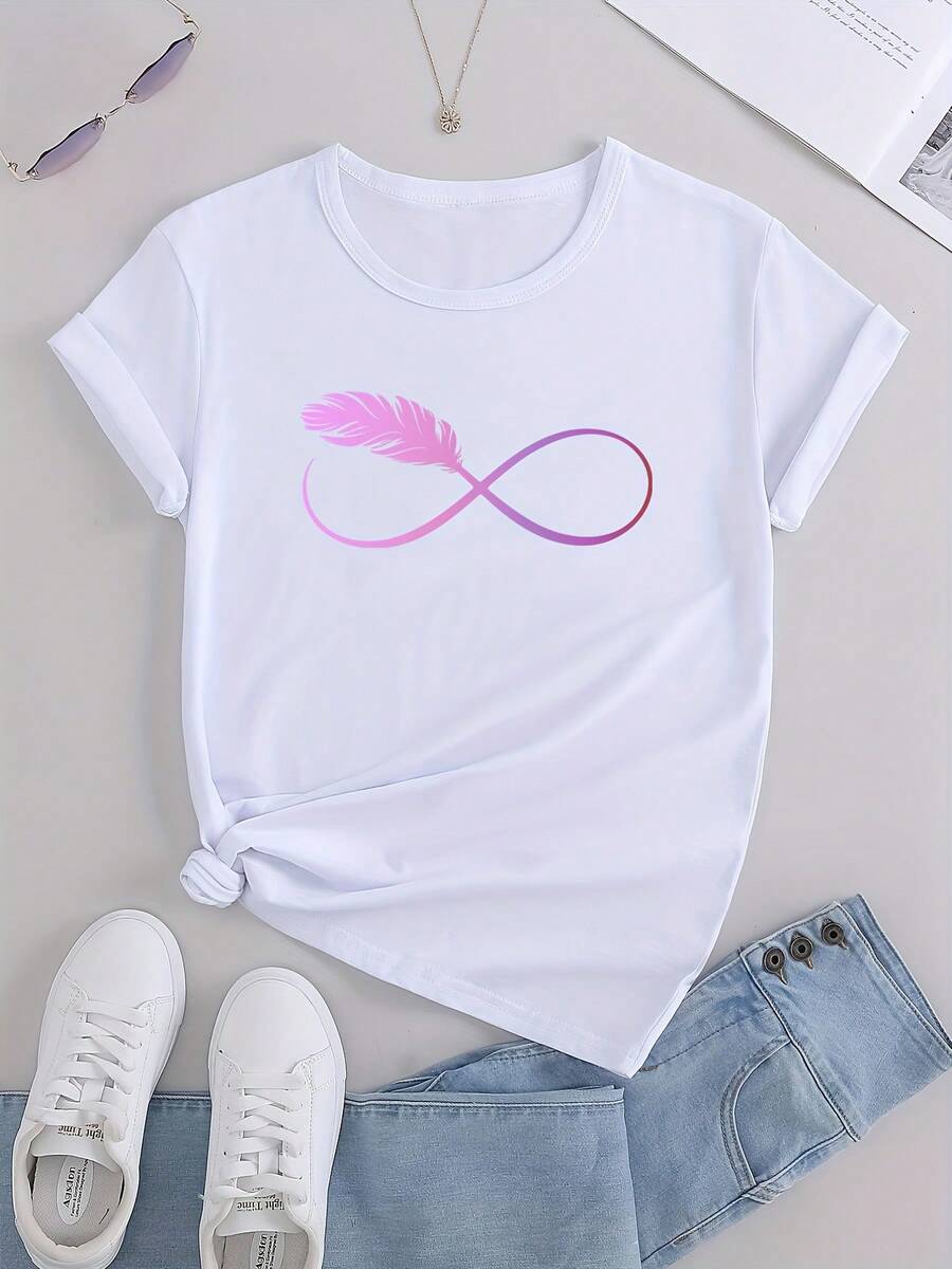 Camiseta casual holgada de manga corta para verano con estampado de simbolo de infinito rosa degradado - [Blanco] - Ver 1