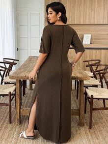 Weeklong Vestido de punto casual con cuello en V, rayas, bolsillos dobles, fruncido y abertura en el bajo para mujer talla grande, primavera/verano - Café integral - Ver 2