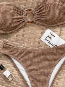 Bộ bikini quây màu nâu caramel bán chạy nhất mùa hè, họa tiết hình bánh quế, trang trí vòng kim loại, đồ bơi không dây cho nữ, thích hợp cho kỳ nghỉ biển. - Màu nâu  Mocha - Xem 4