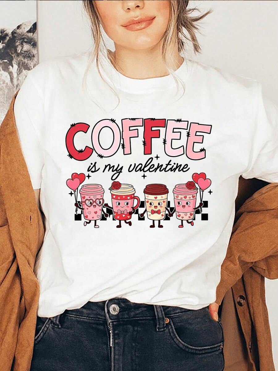 El café es mi Día de San Valentín. Esta camiseta casual de manga corta y cuello redondo para mujer es perfecta para primavera y verano. Adecuada para primavera, verano y otoño. - Blanco - Ver 1