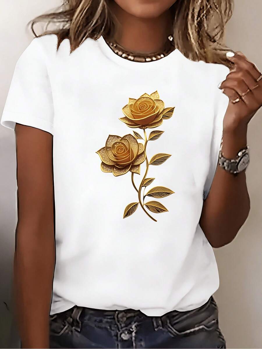 Camiseta de mujer elegante de primavera/verano con cuello redondo y diseño de plantas - Blanco - Ver 1