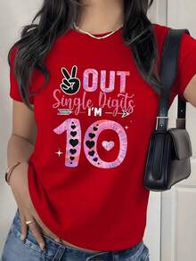 Camiseta con Estampado Gráfico de Signo de Paz y Número 10, 180g, 1 Pieza, para Celebración de Cumpleaños, Casual para Mujer, 100% Algodón, Estilo Veraniego - Rojo - Ver 1