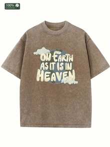 Camiseta de algodón pesado de 230 g para hombre y mujer con estampado del patrón "En la Tierra como en el Cielo", estilo casual urbano en color marrón, diseño de cuello redondo holgado adecuado para todas las estaciones, ideal tanto para uso diario como para ocasiones especiales, una opción de moda para actividades al aire libre, tela suave, estampado moderno, excelente opción de regalo. - marrón café - Ver 1