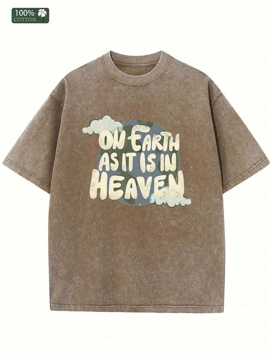 Camiseta de algodón pesado de 230 g para hombre y mujer con estampado del patrón "En la Tierra como en el Cielo", estilo casual urbano en color marrón, diseño de cuello redondo holgado adecuado para todas las estaciones, ideal tanto para uso diario como para ocasiones especiales, una opción de moda para actividades al aire libre, tela suave, estampado moderno, excelente opción de regalo. - marrón café - Ver 1