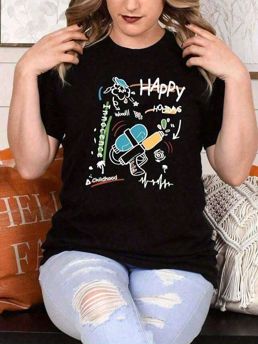 Camisetas casuales de manga corta con cuello redondo y diseño gráfico divertido, versátiles para todas las estaciones, camiseta de moda, estilo holgado para mujer, perfecta para fiestas navideñas y como regalo. Camiseta clásica de algodón grueso de manga corta con estampado gráfico, top casual de manga corta para mujer, camisetas unisex de talla. - Negro - Ver 1
