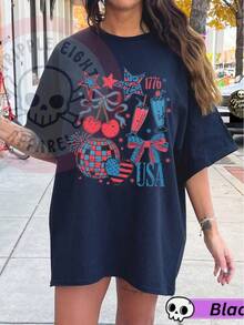 Camiseta retro grunge estadounidense coqueta, pincelada americana , Día de los Caídos, 4 de julio, América pre, tierra de la libertad, 1776, ,Embalaje individual - Negro - Ver 5