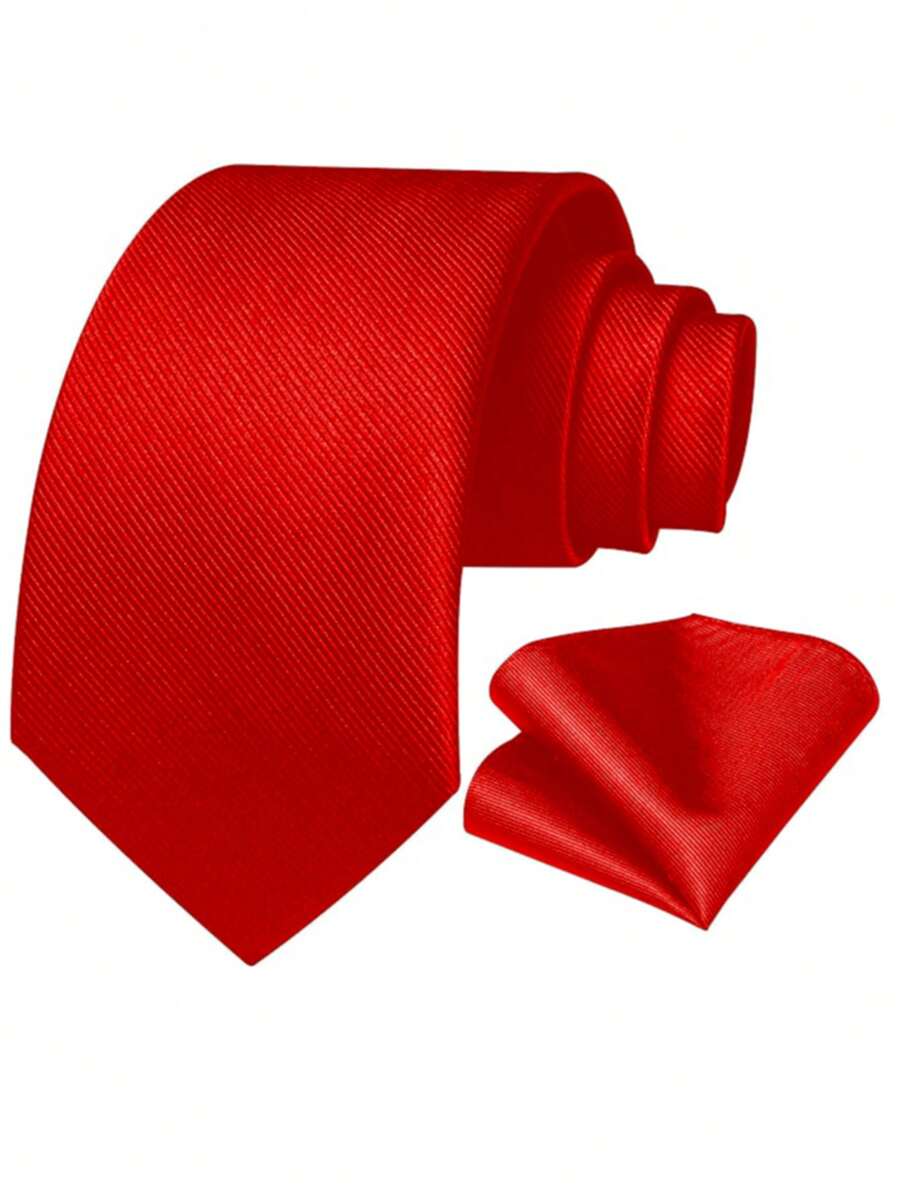 1set Men's Twill Solid Color Tie And Pocket Square Set Suitable For Business, Wedding, Banquet - Red - View 1