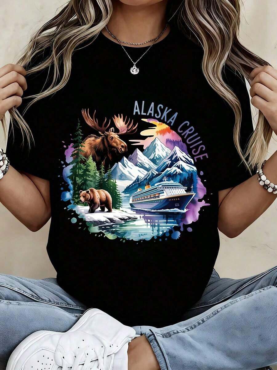 Women's Fashion T-Shirt With Alaskan Moose And Bear Print, Cruise Ship, Natural Landscape, For Summer Vacation, Casual Travel Clothes - 黑色 - 查看 1