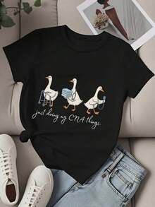 Camiseta de Moda para Mujer con Temática Médica de Patos y Texto 'Just Doing My Cna Things' para Uso Casual y Uniformes de Trabajoblusa casual mujer - Negro - Ver 4