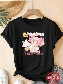 Women's Short Sleeve Crew Neck T-Shirt - Fashionable Print With Fun Design, Valentine's Day Outfits For Women, Madoka Magica Anime Costume T-Shirt For Women - Casual Short Sleeve Top With Madoka, Kyubey, And Magical Characters For Themed Events And Casual Wear, Comfortable Blouse For Spring, Summer, And Autumn - Simple Style For Layering Or Wearing As A Single Top | Exquisite Design | Loose And Comfortable | Easy To Match | - 黑色 - 查看 8