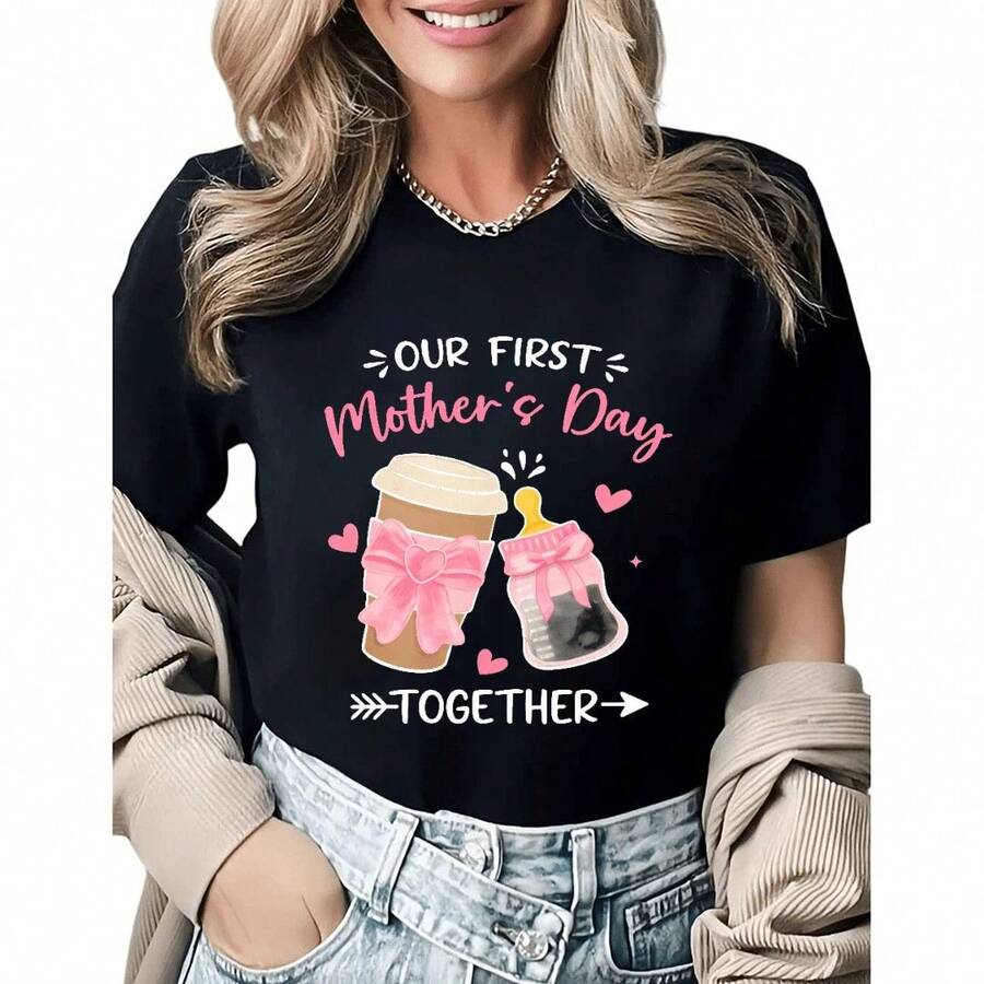 Regalo del Día de la Madre para Mamá Primeriza, Camisetas con Estampado de Café y Biberón, Camisetas para Mujer, Negro/Blanco, Tallas S-5XL - Negro - Ver 1