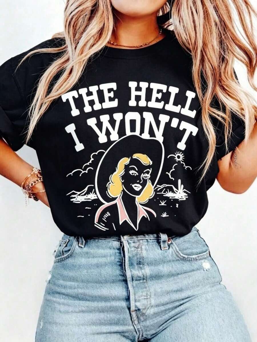 Camiseta Unisex "The Hell I Won't", Camiseta de Vaquera del Rodeo del Suroeste, Camiseta Vintage del Desierto Occidental, Regalo, Camiseta Gráfica para Mujer, Camiseta de Algodón Grueso de Manga Corta, Estilo Clásico, Camiseta Casual de Manga Corta para Mujer - Negro - Ver 1
