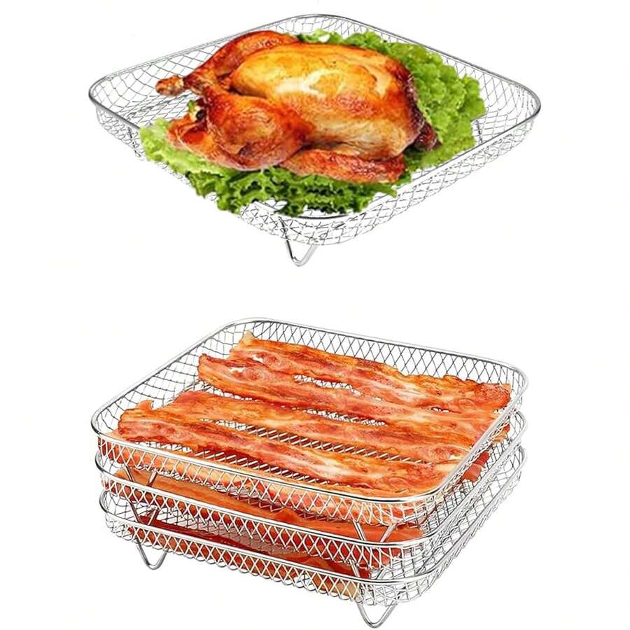 P&P CHEF 7.72 Inch Square Air Fryer Rack Set Of 3, Stackable Stainless Steel Air Fryer Basket Accessories, Deep Dehydrator Racks Frying Baskets For Baking Roasting, Oven & Dishwasher - A - View 1