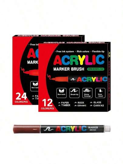 1set Of Mamou 12-Color Acrylic Paintbrushes, With Soft Brush Heads, And Paintbrushes, Suitable For Acrylic Painting On Wood, Stone, Canvas, Glass, Fabric, Eggs, Rocks, And Homemade Handicrafts.